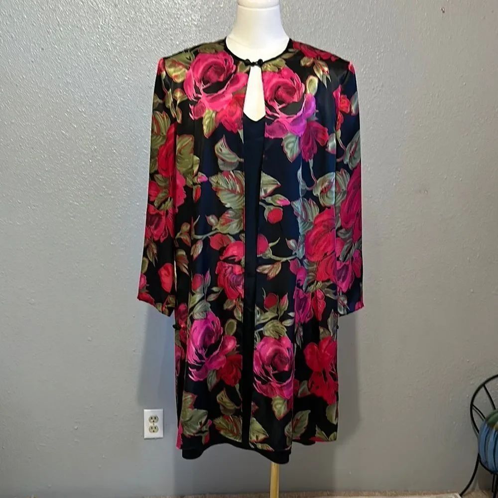 Vintage Patra Floral Black and Pink one piece Cape Dress size 16